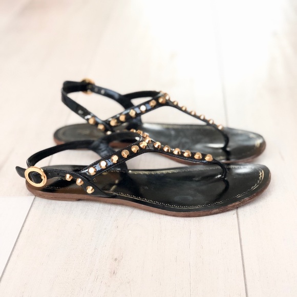 Prada Shoes - Prada black patent leather/gold stud sandals